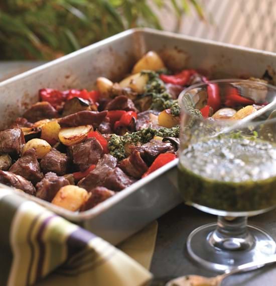 Roast Lamb And Summer Vegetables With Mint Pesto