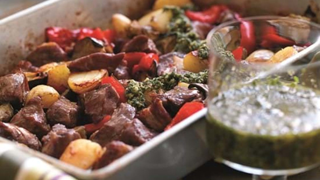 Roast Lamb And Summer Vegetables With Mint Pesto